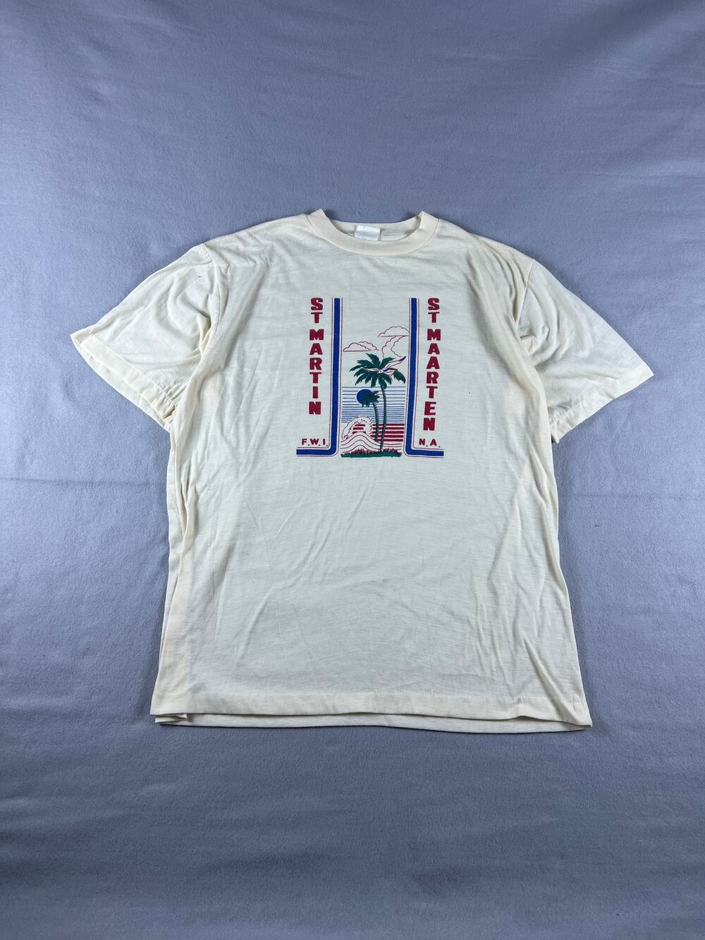 Vintage St Martin St Maarten T-Shirt Mens M Cream Palm Tree Graphics Print Tee
